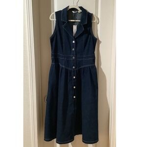 Vigoss Womens Dark Wash Denim Button Front Sleeveless Midi Dress Blue